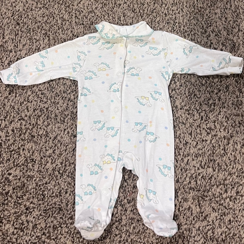 Vintage Carter's White and Blue Dinosaur Baby Sleeper Footie